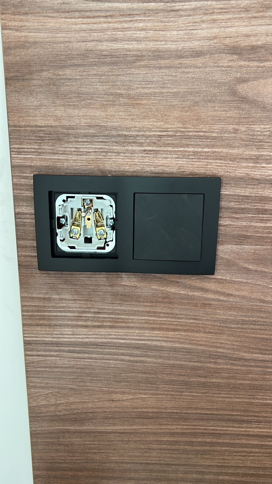 Czarny podwójny włącznik/gniazdko bez osłon, zamontowany na panelu imitującym drewno, widoczne wewnętrzne mechanizmy gniazdka.