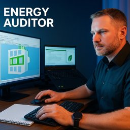 Wisdomenergia - Mężczyzna w Łodzi pracuje przy komputerze nad projektem budynku z zielonymi elementami, prawdopodobnie związanym z audytem energetycznym. Na ekranie smartfona widoczny wykres. Na biurku notatnik...