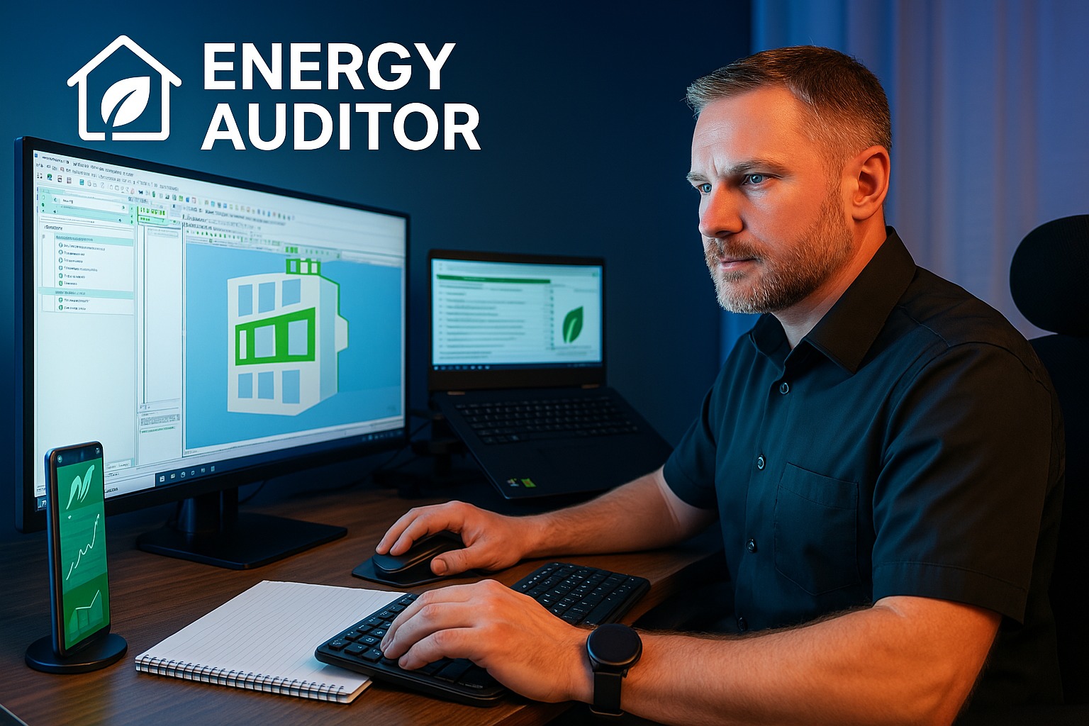 Mężczyzna w Łodzi pracuje przy komputerze nad projektem budynku z zielonymi elementami, prawdopodobnie związanym z audytem energetycznym. Na ekranie smartfona widoczny wykres. Na biurku notatnik...