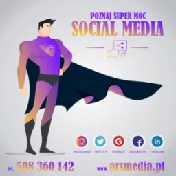 Kreskówkowy superbohater w fioletowym kostiumie i pelerynie, prezentujący hasło 'Poznaj super moc Social Media' wraz z ikonami Instagrama, Twittera, Google, Facebooka i LinkedIn oraz numerem...