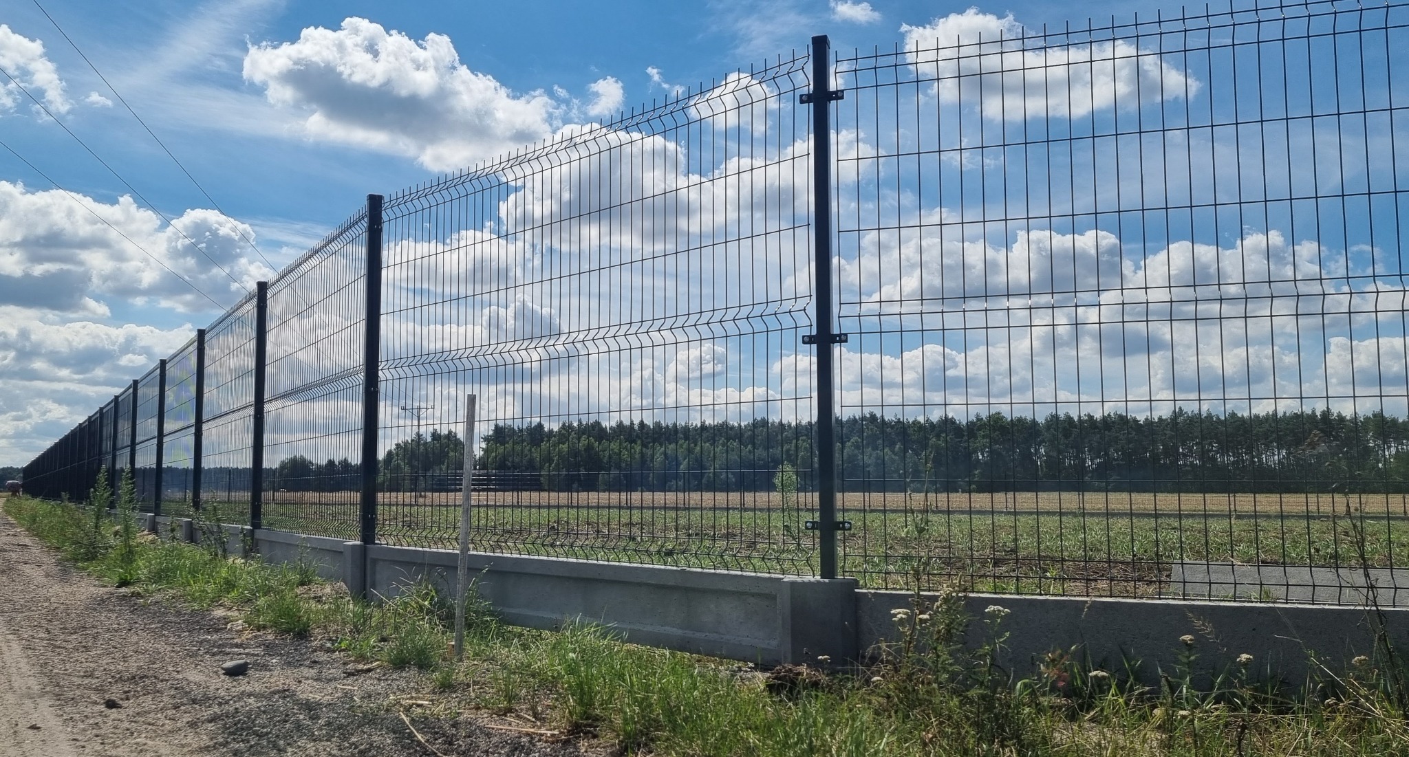 Długie, czarne ogrodzenie panelowe z podmurówką betonową, rozciągające się wzdłuż polnej drogi, z lasem i błękitnym niebem w tle.