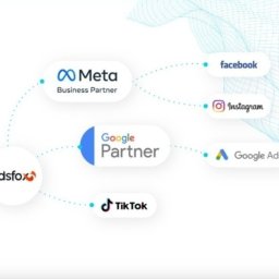 adsfox - Grafika przedstawiająca sieć powiązań firmy Adsfox z platformami Meta, Google, TikTok, Facebook, Instagram i Google Ads.