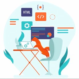 adsfox - Ilustracja przedstawia biurko z laptopem, na którym widoczne są ikony ustawień, obok siedzi stylizowany lis, a w tle ikony HTML, nawiasów klamrowych, kodu oraz okna przeglądarki, sugerujące pracę...