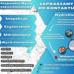 Grafika reklamowa firmy HydroClean oferującej profesjonalne mycie wysokociśnieniowe: inspekcja, czyszczenie, udrażnianie, mycie ciśnieniowe kostki, elewacji, dachów, rynien budynków, rur...