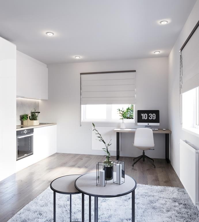 Wizualizacja kawalerki 20m2: biała kuchnia z piekarnikiem, stoliki kawowe na puszystym dywanie, biurko z komputerem przy oknie z roletami.