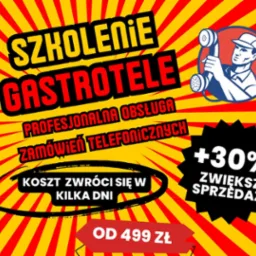 Grafika reklamowa szkolenia 'GastroTele' z zakresu profesjonalnej obsługi zamówień telefonicznych, obiecująca wzrost sprzedaży o 30% i zwrot kosztów w kilka dni, stylizowana na retro plakat...