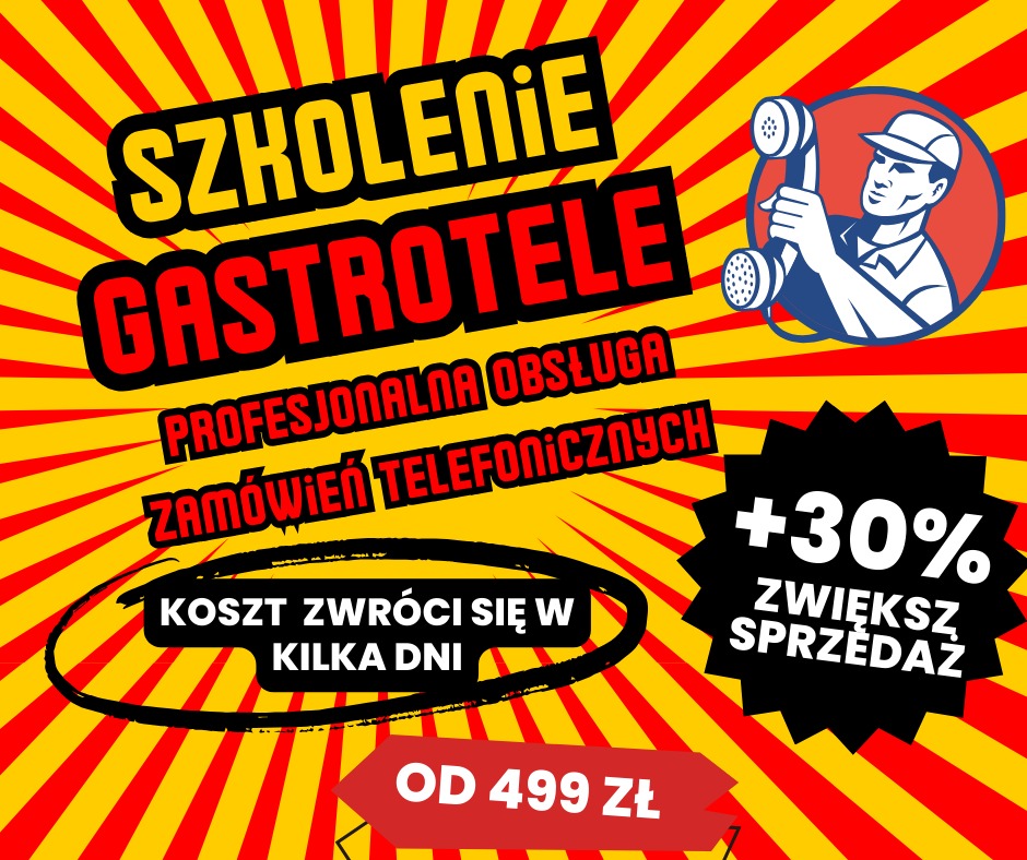 Grafika reklamowa szkolenia 'GastroTele' z zakresu profesjonalnej obsługi zamówień telefonicznych, obiecująca wzrost sprzedaży o 30% i zwrot kosztów w kilka dni, stylizowana na retro plakat...