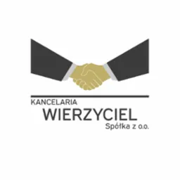 Graficzne logo kancelarii z symbolem uścisku dłoni, nazwa firmy 'Wierzyciel Spółka z o.o.'.
