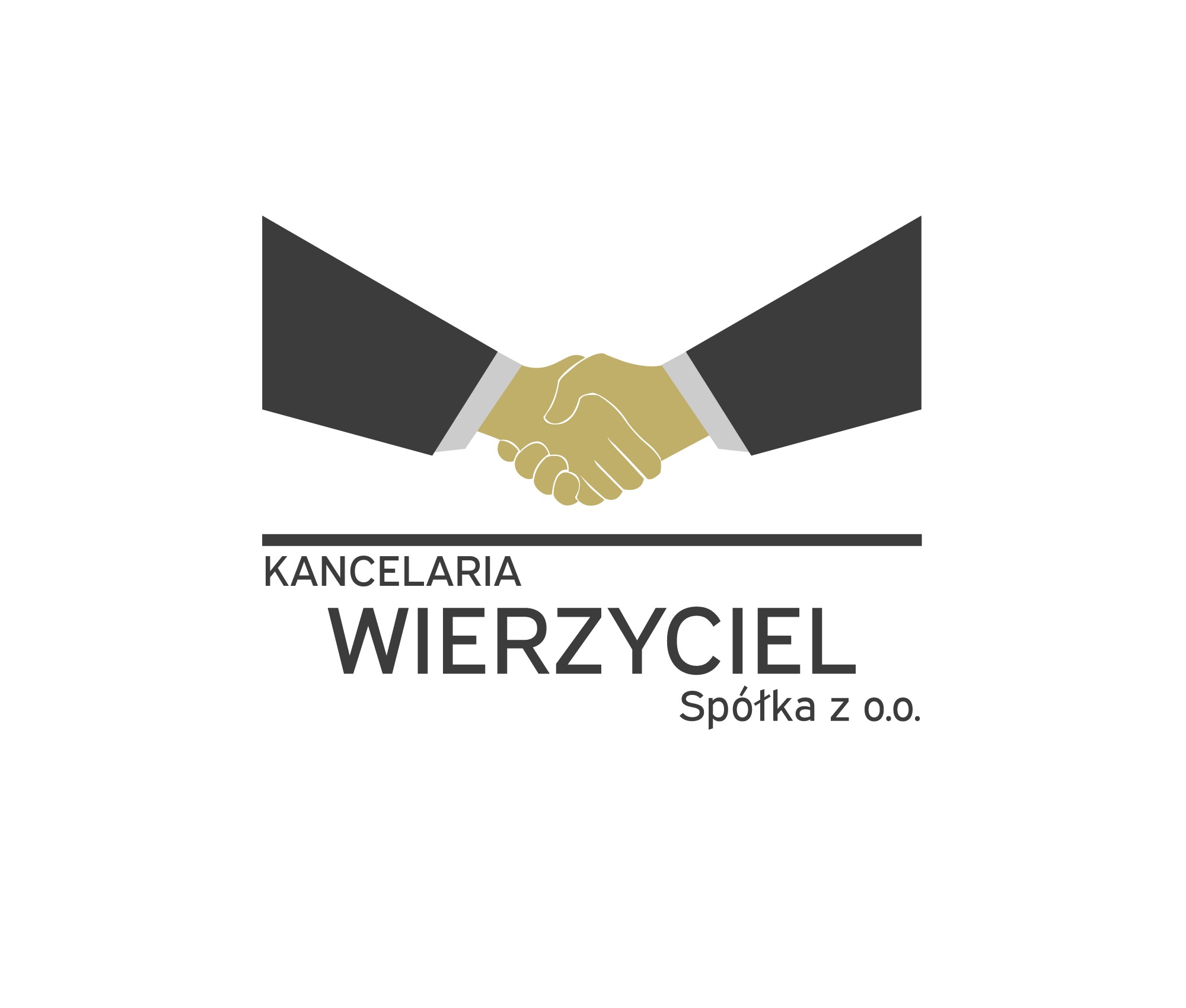 Graficzne logo kancelarii z symbolem uścisku dłoni, nazwa firmy 'Wierzyciel Spółka z o.o.'.