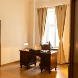 Gabinet adwokacki z drewnianym biurkiem, lampą, laptopem i figurką Temidy przy oknie z beżowymi zasłonami, widziany zza uchylonych drzwi.