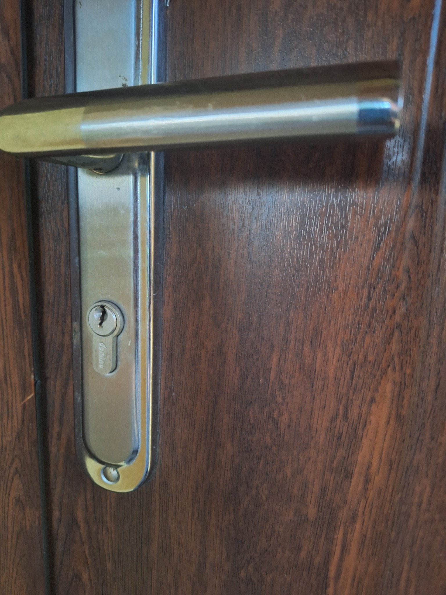 Zamek drzwiowy z klamką na ciemnych, drewnianych drzwiach, widoczny z bliska.