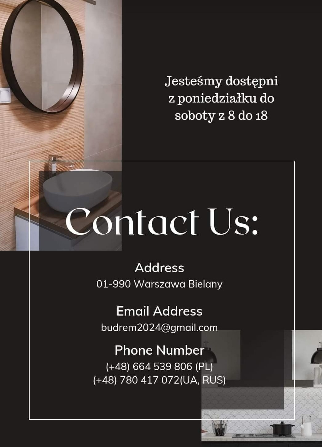 Grafika reklamowa firmy remontowej z wizualizacją umywalki nablatowej, okrągłego lustra i kontaktu oraz danymi kontaktowymi: adres, email i numery telefonów.