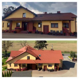 Żółty dom jednorodzinny z czerwoną dachówką, prezentowany w dwóch ujęciach: z poziomu gruntu i z góry, ukazujący elewację oraz dach po renowacji.