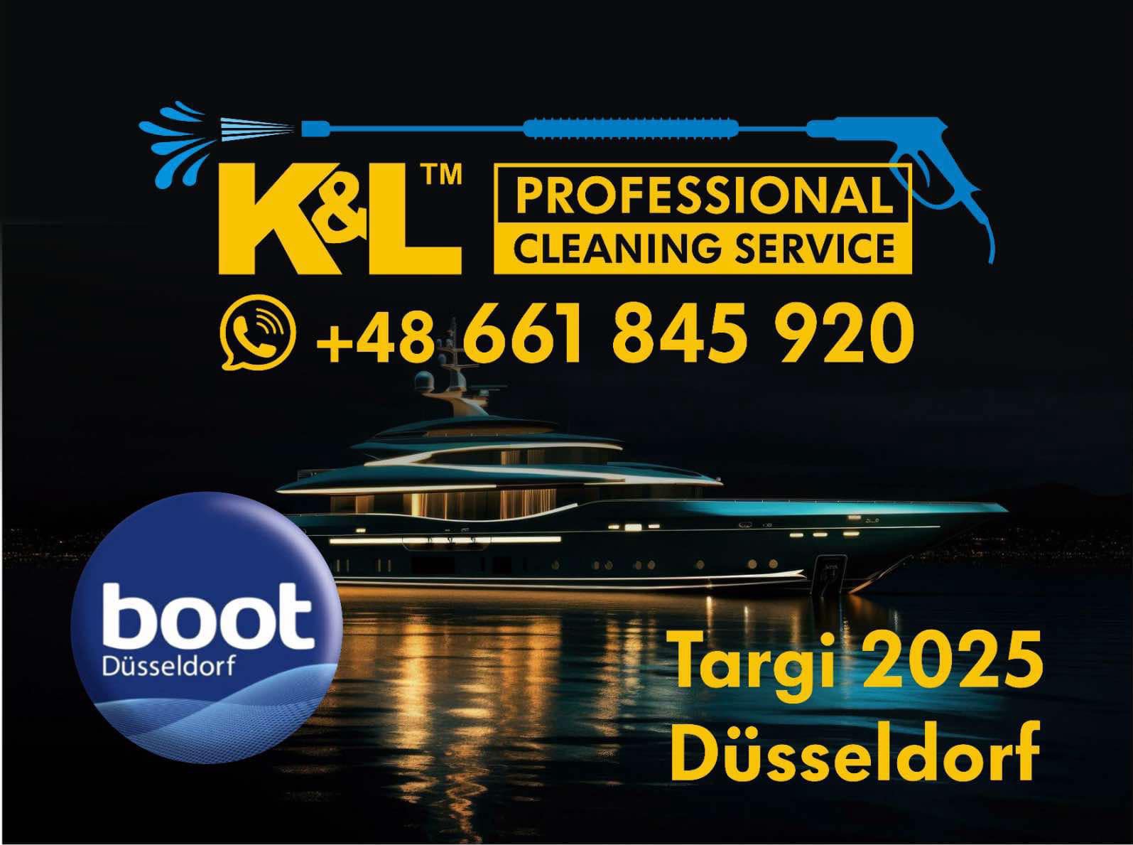 Grafika reklamowa firmy K&L Professional Cleaning Service z jachtem na wodzie, prezentacja usług czyszczenia, numer telefonu i logo targów Boot Düsseldorf 2025.