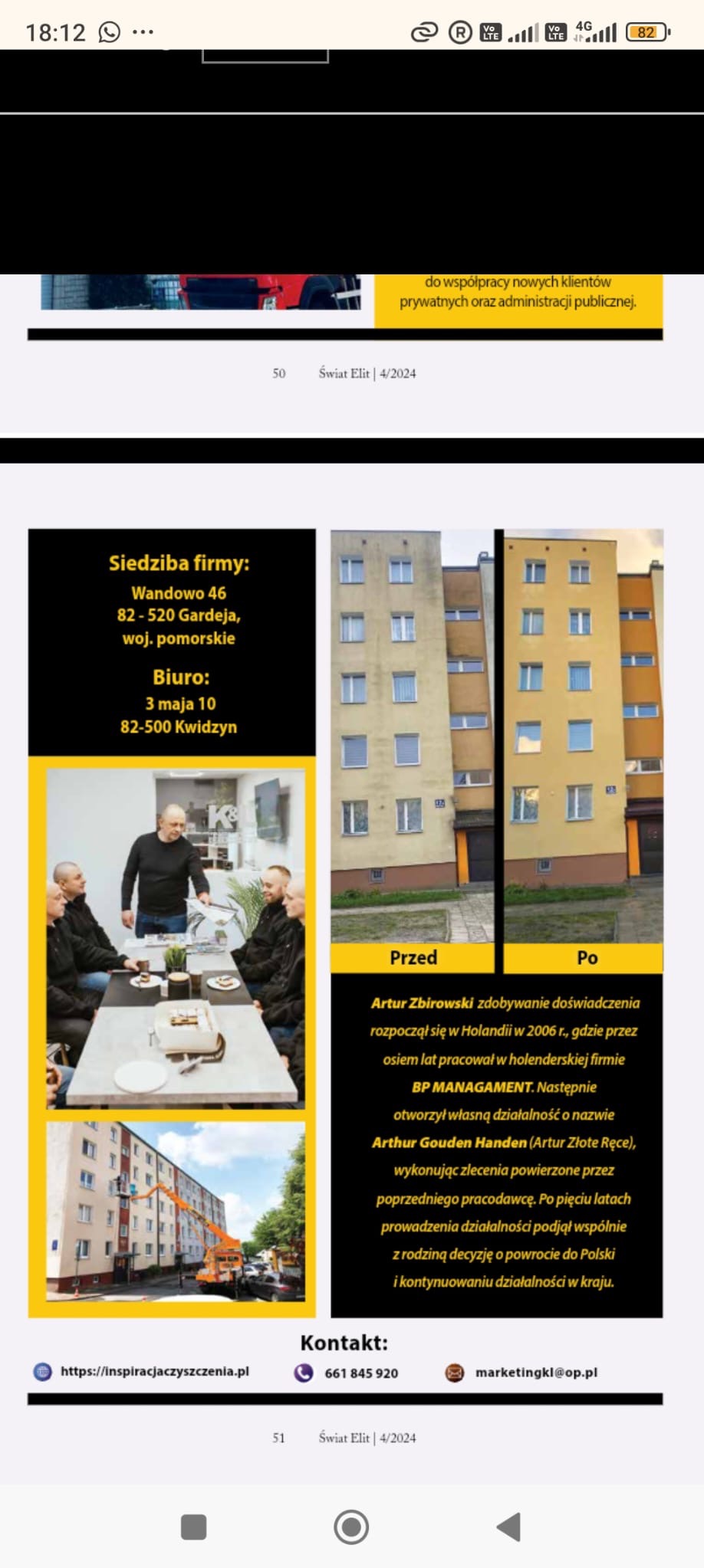 Reklama firmy czyszczącej elewacje: zdjęcie budynku przed i po czyszczeniu, ekipa w biurze i pracownik na podnośniku koszowym podczas pracy.