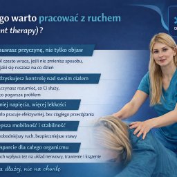 EFIB dr Magdalena Górecka - Kobieta w stroju medycznym wykonuje masaż pleców pacjentki. W tle grafika z korzyściami terapii ruchem i logo firmy.