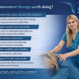 EFIB dr Magdalena Górecka - Kobieta w uniformie wykonuje masaż pleców pacjentki. Grafika informacyjna o terapii ruchem z logo firmy w tle. Ujęcie z boku, miękkie światło.