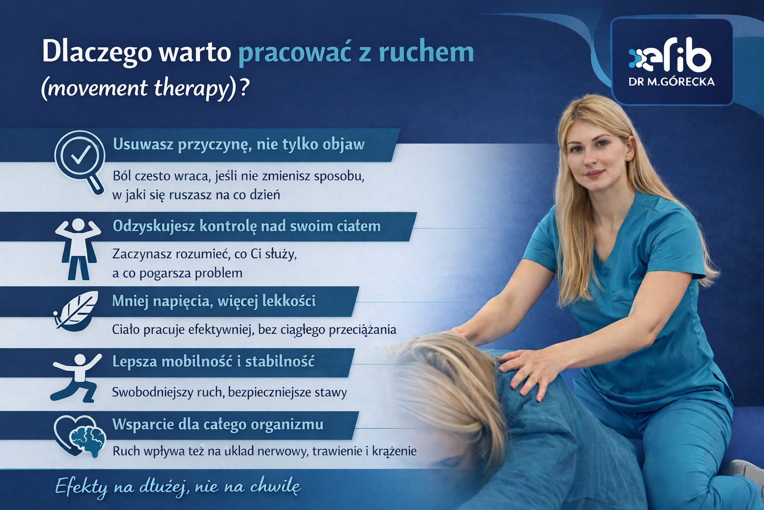 Kobieta w stroju medycznym wykonuje masaż pleców pacjentki. W tle grafika z korzyściami terapii ruchem i logo firmy.