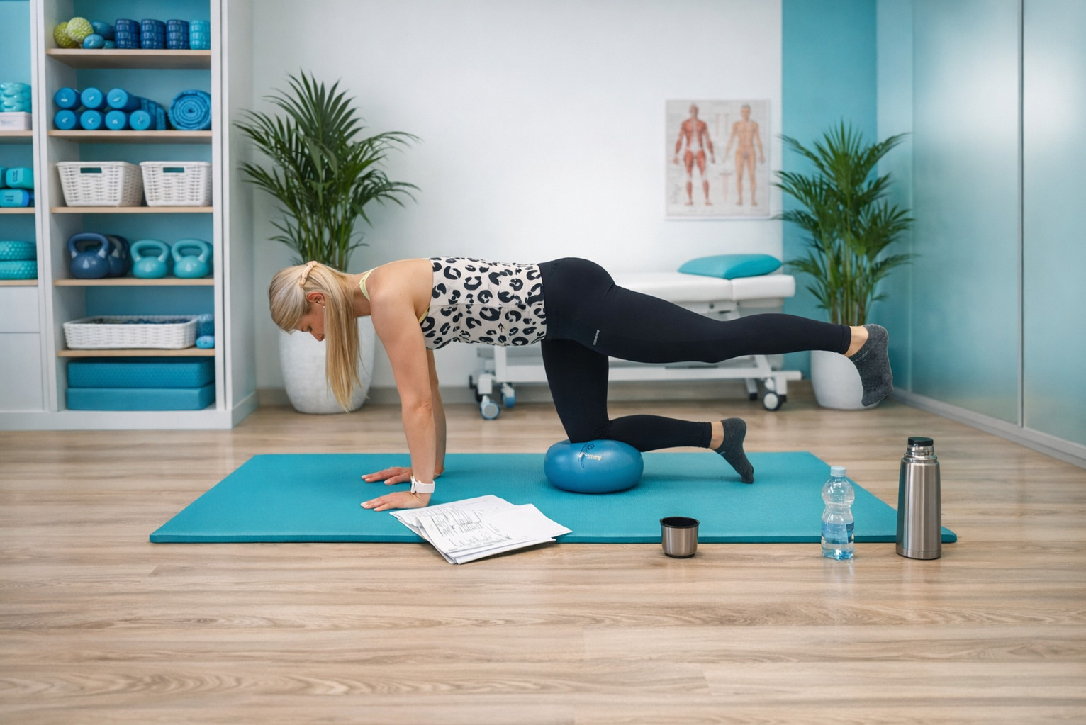 Kobieta w stroju sportowym ćwiczy na macie, opierając kolano na małej piłce. W tle regał z akcesoriami i plakat anatomiczny.