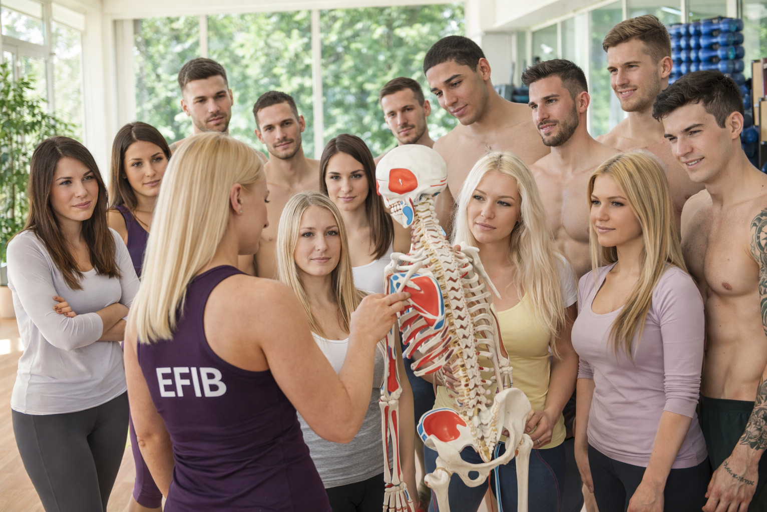 Instruktorka z modelem szkieletu omawia anatomię z grupą kursantów w jasnej sali. Mężczyźni bez koszulek, kobiety w strojach sportowych. Logo EFIB na koszulce instruktorki.