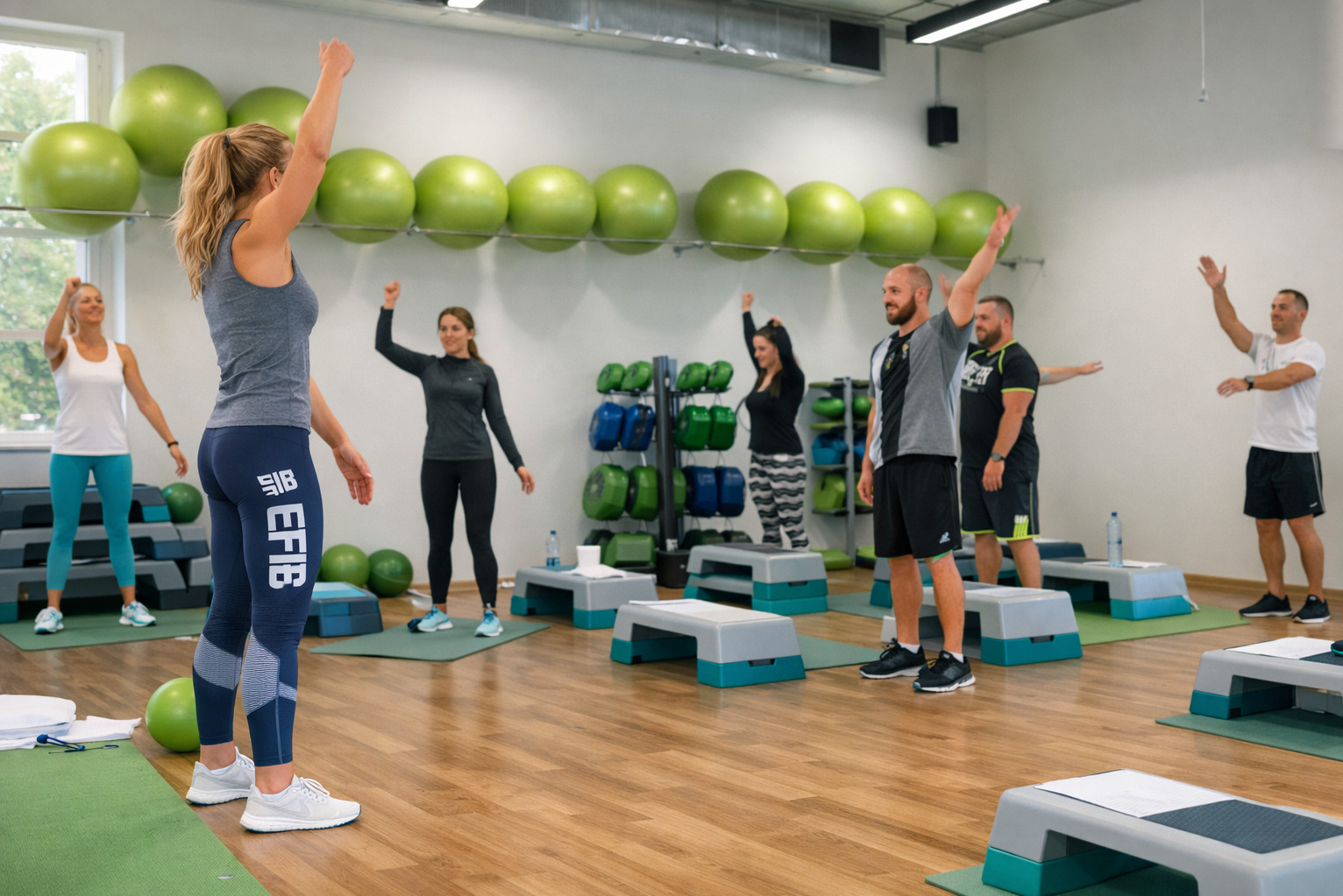 Grupowe zajęcia fitness w jasnej sali: kobiety i mężczyźni ćwiczą z podniesionymi rękami, zielone piłki i stepy w tle. Widok z perspektywy osoby ćwiczącej.