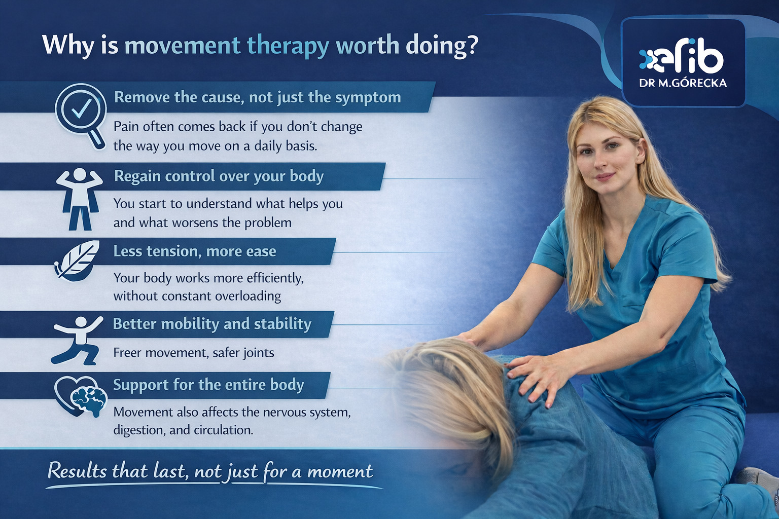 Kobieta w uniformie wykonuje masaż pleców pacjentki. Grafika informacyjna o terapii ruchem z logo firmy w tle. Ujęcie z boku, miękkie światło.