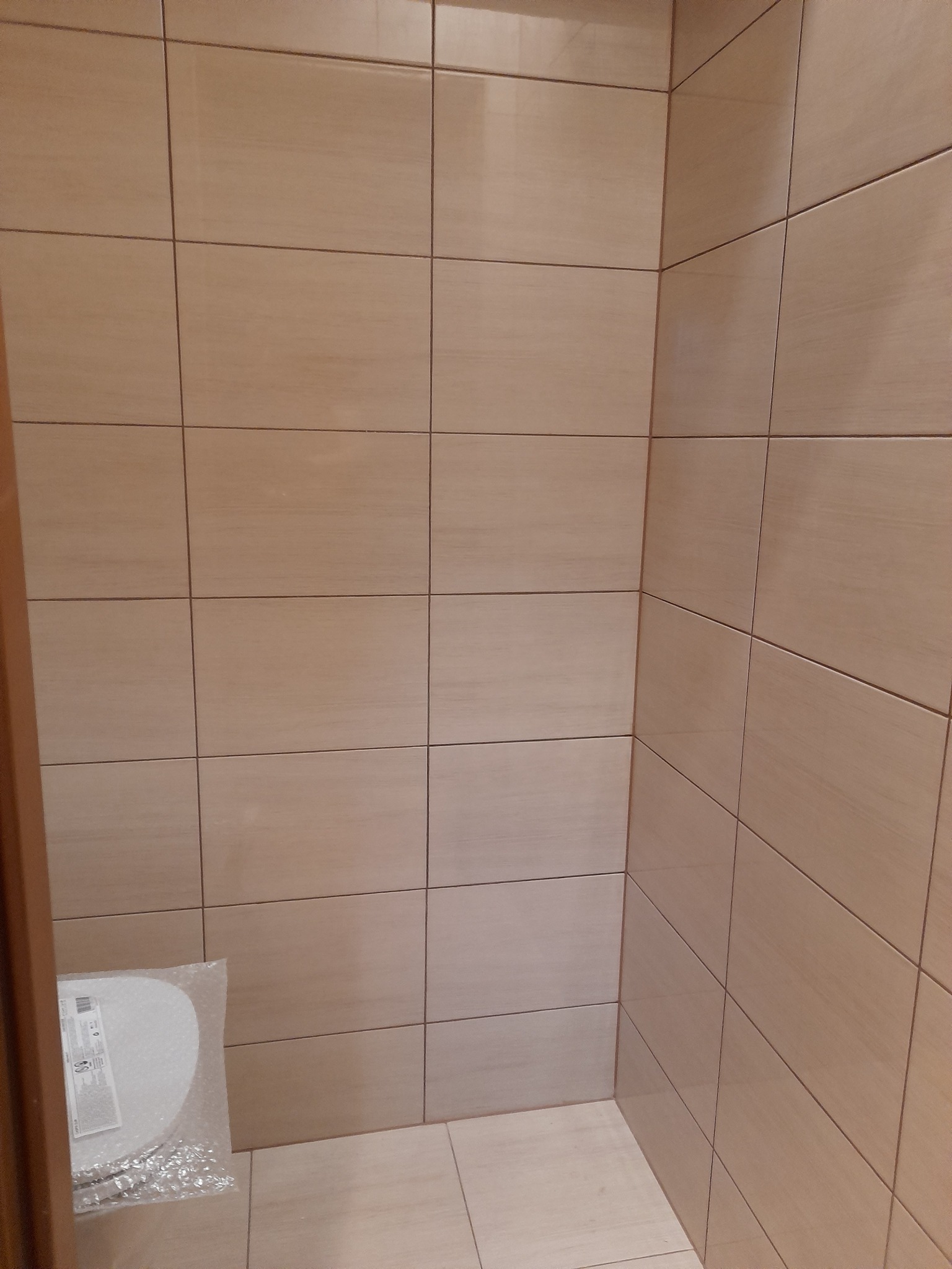 Beżowe, kwadratowe płytki ceramiczne na ścianach i podłodze w rogu łazienki, z widocznym fragmentem drzwi po lewej stronie i zapakowaną deską sedesową na podłodze.