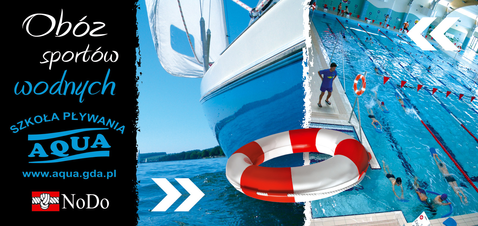 Kompozycja łącząca obóz sportów wodnych z jachtem na wodzie oraz kryty basen z osobami pływającymi, z wyraźnym kołem ratunkowym na pierwszym planie.