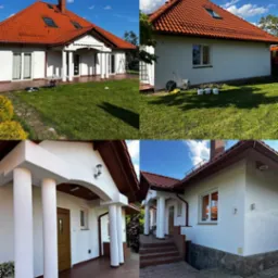 Kolaż czterech ujęć domu jednorodzinnego po odświeżeniu elewacji: widok z ogrodu, boczna ściana z akcesoriami malarskimi, wejście z kolumnami oraz fragment ściany z podmurówką.