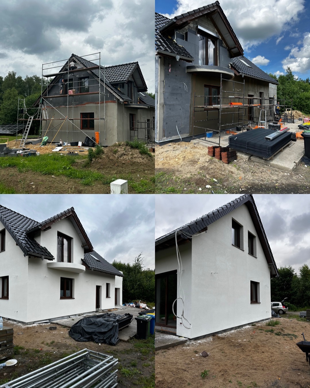 Czteropanelowe zdjęcie: dom w trakcie ocieplania ze styropianem i na rusztowaniach, oraz ten sam dom po pomalowaniu elewacji na biało, widoczne rusztowania i ślady prac.