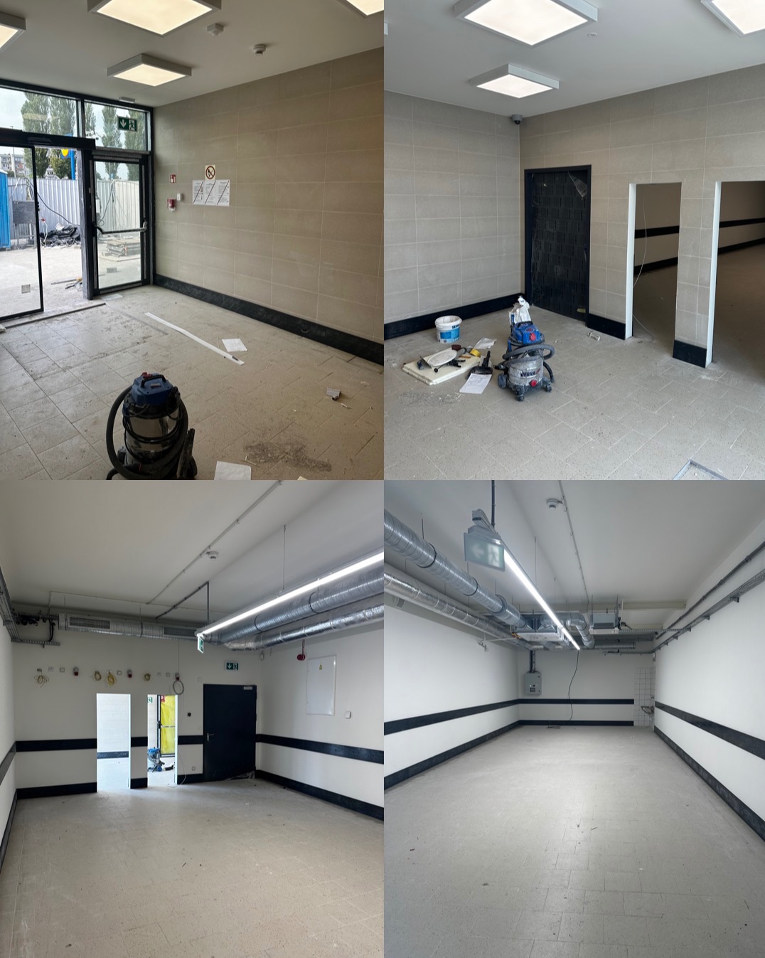 Cztery kadry z wnętrz w trakcie prac wykończeniowych: od układania płytek po malowanie ścian, widoczny odkurzacz przemysłowy, narzędzia malarskie i surowe wykończenie podłóg.