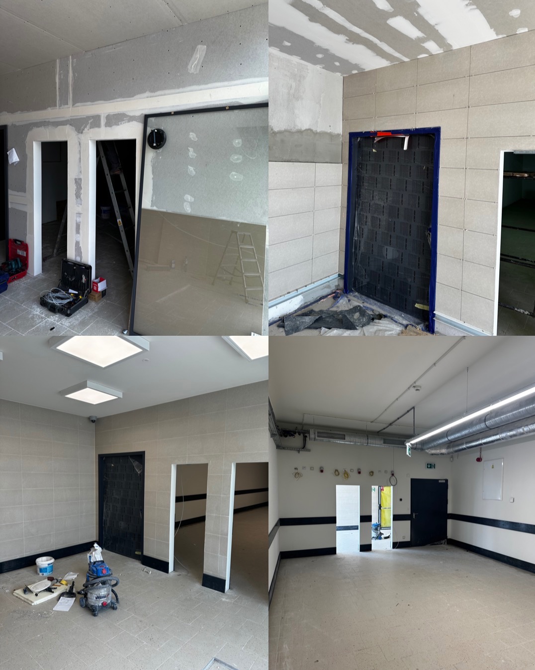 Cztery ujęcia z wnętrza budynku w trakcie prac wykończeniowych: montaż płyt gipsowo-kartonowych, układanie płytek ceramicznych, przygotowanie do malowania, widoczne narzędzia i materiały budowlane.