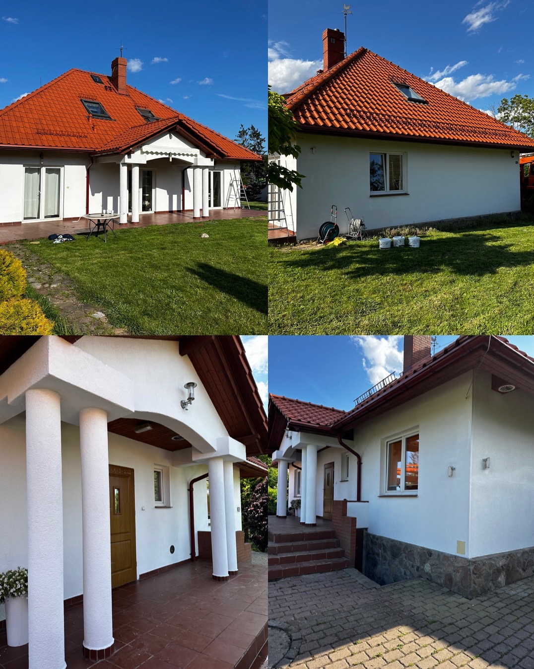 Kolaż czterech ujęć domu jednorodzinnego po odświeżeniu elewacji: widok z ogrodu, boczna ściana z akcesoriami malarskimi, wejście z kolumnami oraz fragment ściany z podmurówką.