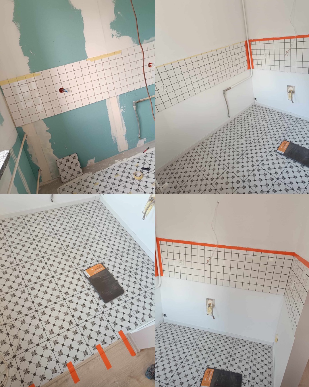 Układanie wzorzystych płytek podłogowych i białych płytek ściennych w trakcie remontu łazienki, widoczne niedokończone ściany i elementy instalacji.