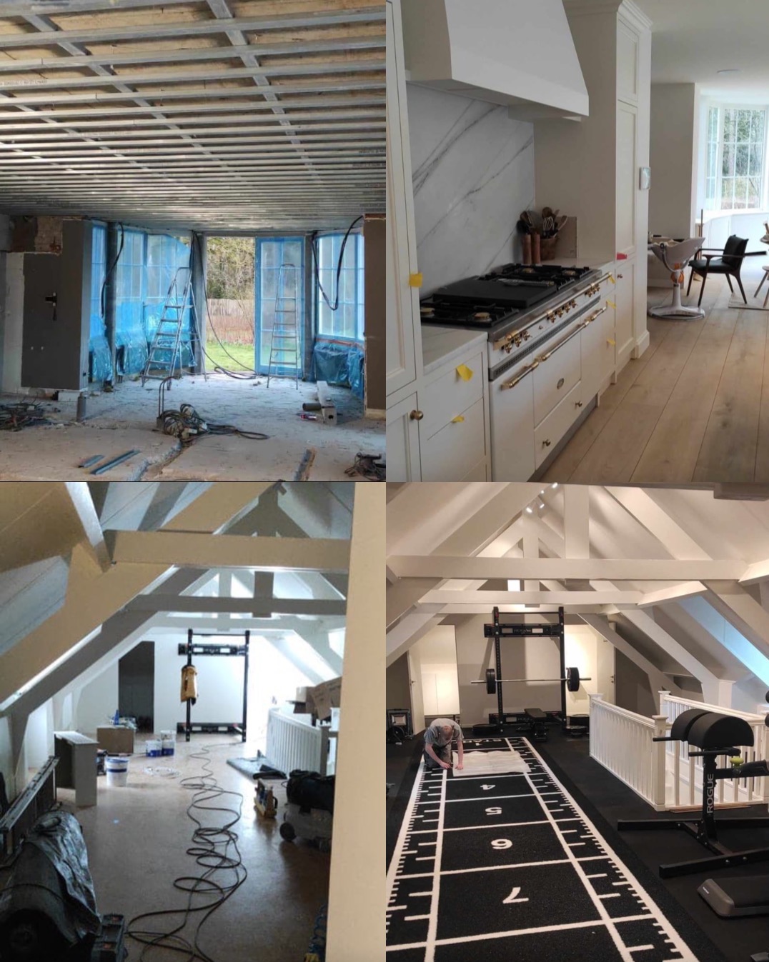 Kolaż czterech zdjęć. Górny lewy róg: Pokój w trakcie demontażu sufitu, widoczne odsłonięte belki stropowe i okna zabezpieczone folią. Górny prawy róg: Biała kuchnia po remoncie z marmurowym...