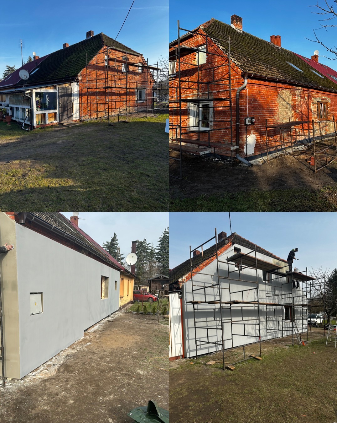 Cztery ujęcia tego samego domu: przed rozpoczęciem prac z widoczną czerwoną cegłą, w trakcie ocieplania i po nałożeniu szarego tynku, z rusztowaniem i pracownikiem na górze.