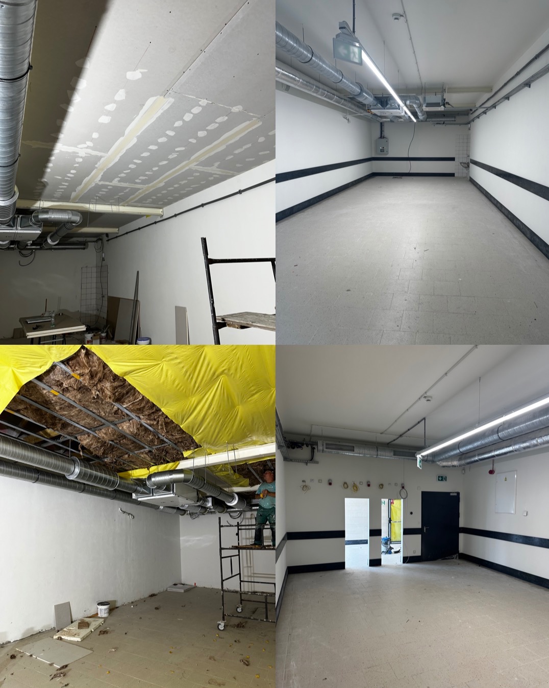 Czteroczęściowy kolaż przedstawiający pomieszczenie w trakcie prac wykończeniowych: montaż sufitu podwieszanego z izolacją, szpachlowanie łączeń płyt gipsowych, instalacja wentylacji oraz widok...