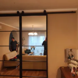 Przesuwne drzwi szklane z czarną, metalową ramą, zawieszone na szynie, oddzielające dwa pomieszczenia, widoczne odbicie wnętrza.