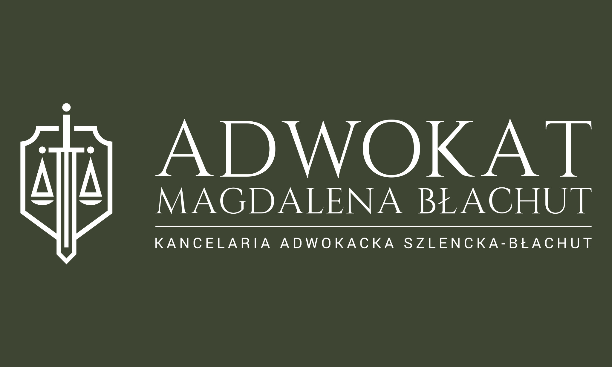 Logo Kancelarii Adwokackiej Szlencka-Błachut w Żywcu, z symbolem wagi i miecza na tle oliwkowozielonym.