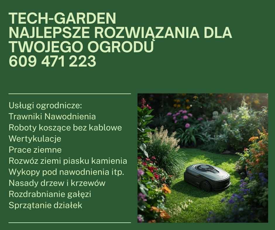 Robot koszący na tle bujnego ogrodu, otoczony kolorowymi kwiatami. Reklama usług ogrodniczych Tech-Garden z numerem telefonu i listą oferowanych prac.