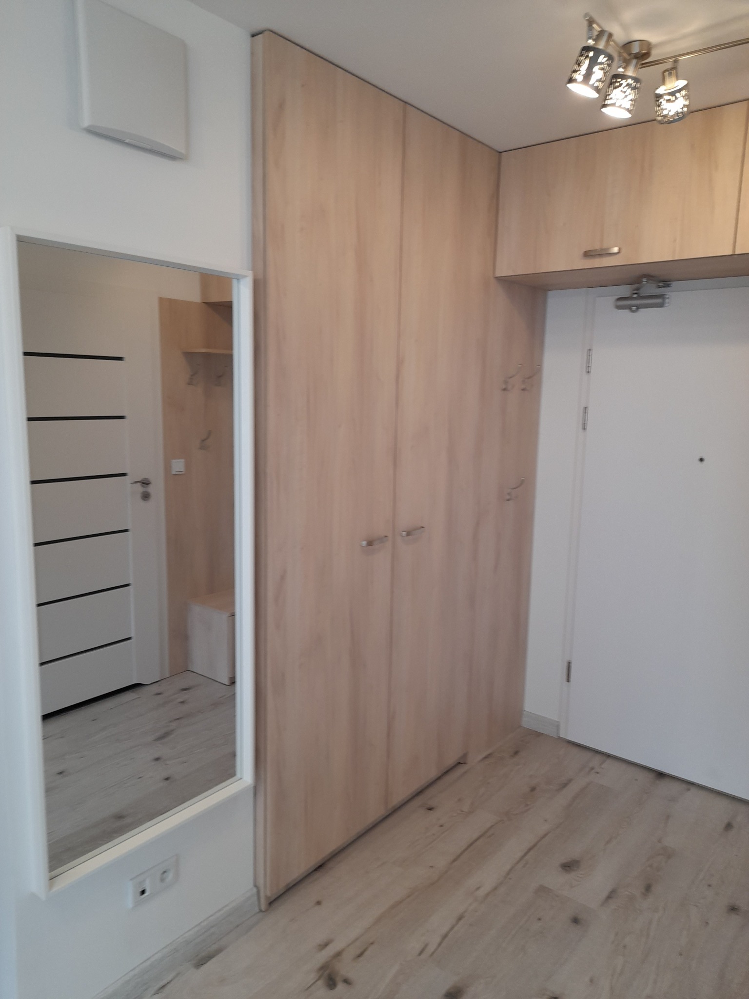 Szafa wnękowa z jasnego drewna z lustrem w przedpokoju, widoczne oświetlenie sufitowe i drzwi wejściowe.