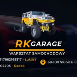 Grafika reklamowa warsztatu samochodowego RK Garage ze Słubic, prezentująca zmodyfikowany samochód Hummer na wysokim zawieszeniu, z widocznymi numerami telefonów i adresem.