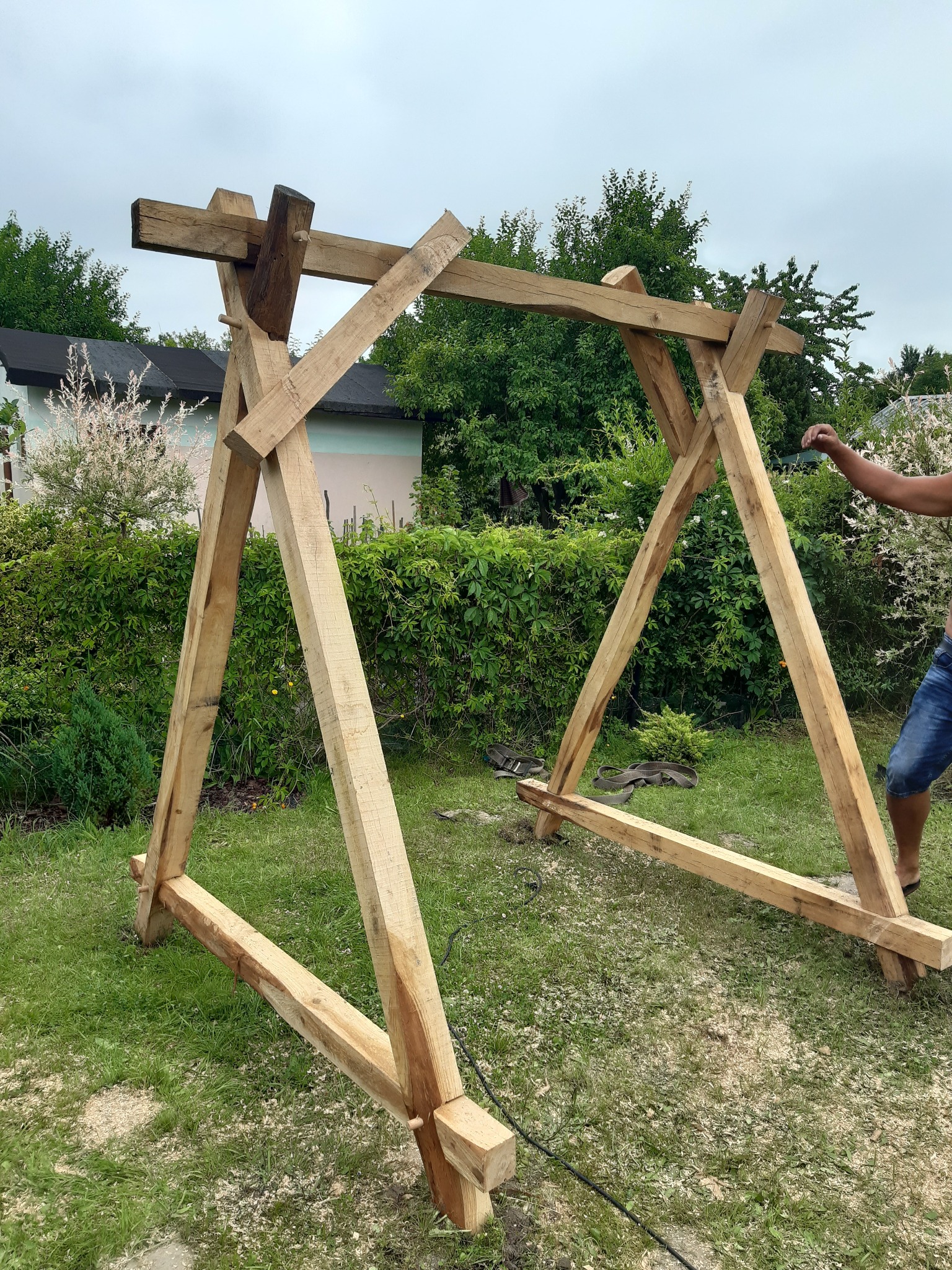 Drewniana konstrukcja w ogrodzie, prawdopodobnie altana lub pergola w trakcie budowy, widoczne świeże wióry, tło z zielenią i domem.