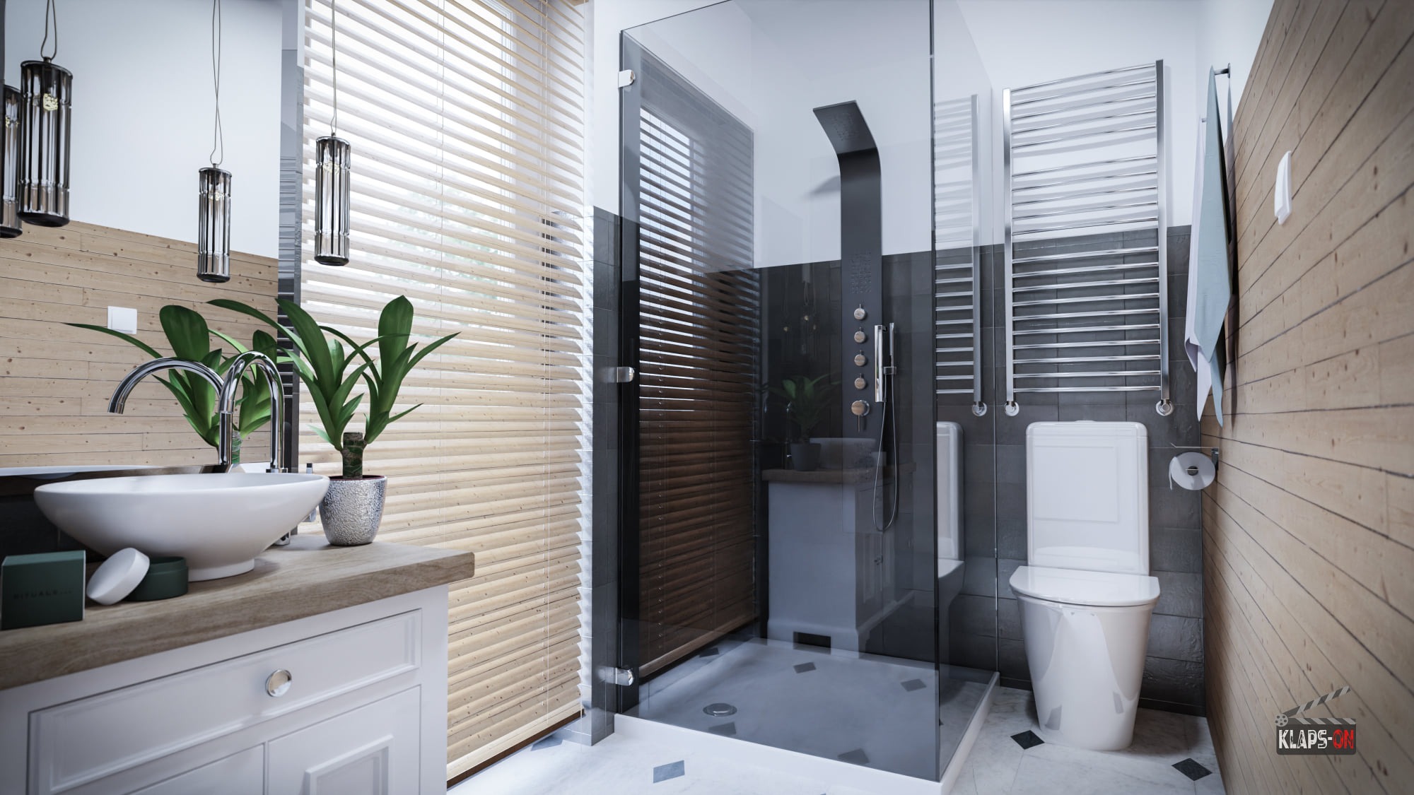 Wizualizacja nowoczesnej łazienki z drewnianymi akcentami, kabiną prysznicową typu walk-in z czarną armaturą, umywalką nablatową z roślinami doniczkowymi i grzejnikiem drabinkowym.