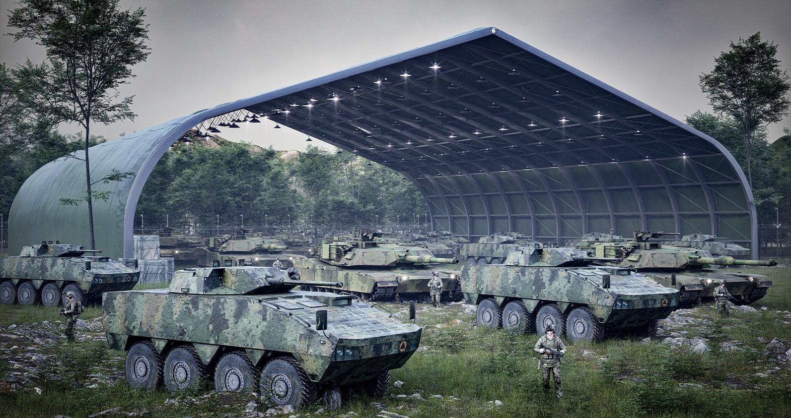 Wizualizacja hangaru wojskowego z zaparkowanymi czołgami i pojazdami opancerzonymi w kamuflażu, żołnierze w mundurach, oświetlenie wewnętrzne hangaru.