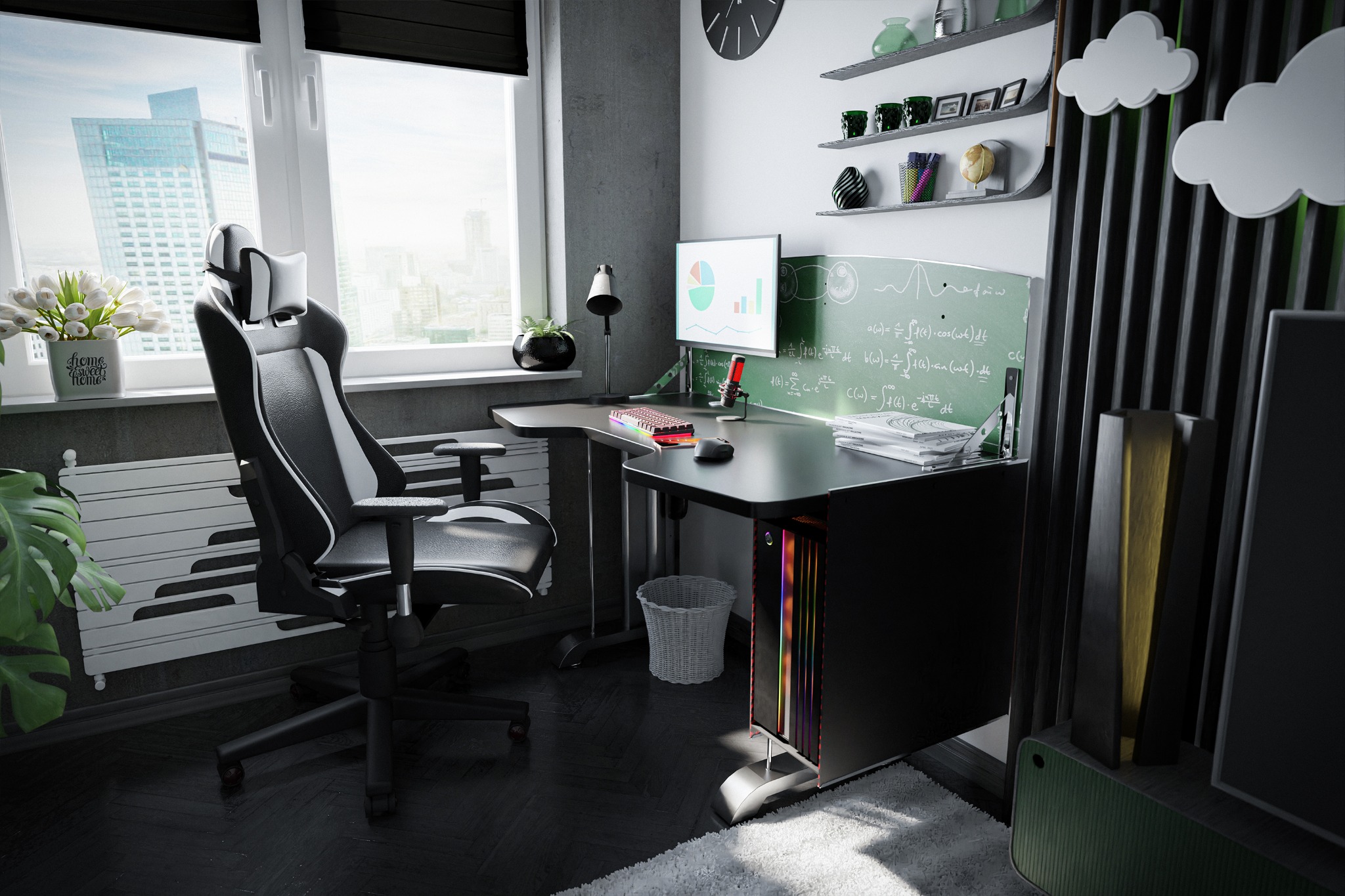 Ergonomiczne stanowisko pracy w Warszawie z gamingowym krzesłem, biurkiem, komputerem stacjonarnym z podświetleniem RGB, monitorem wyświetlającym wykresy, tablicą z zapisanymi wzorami...