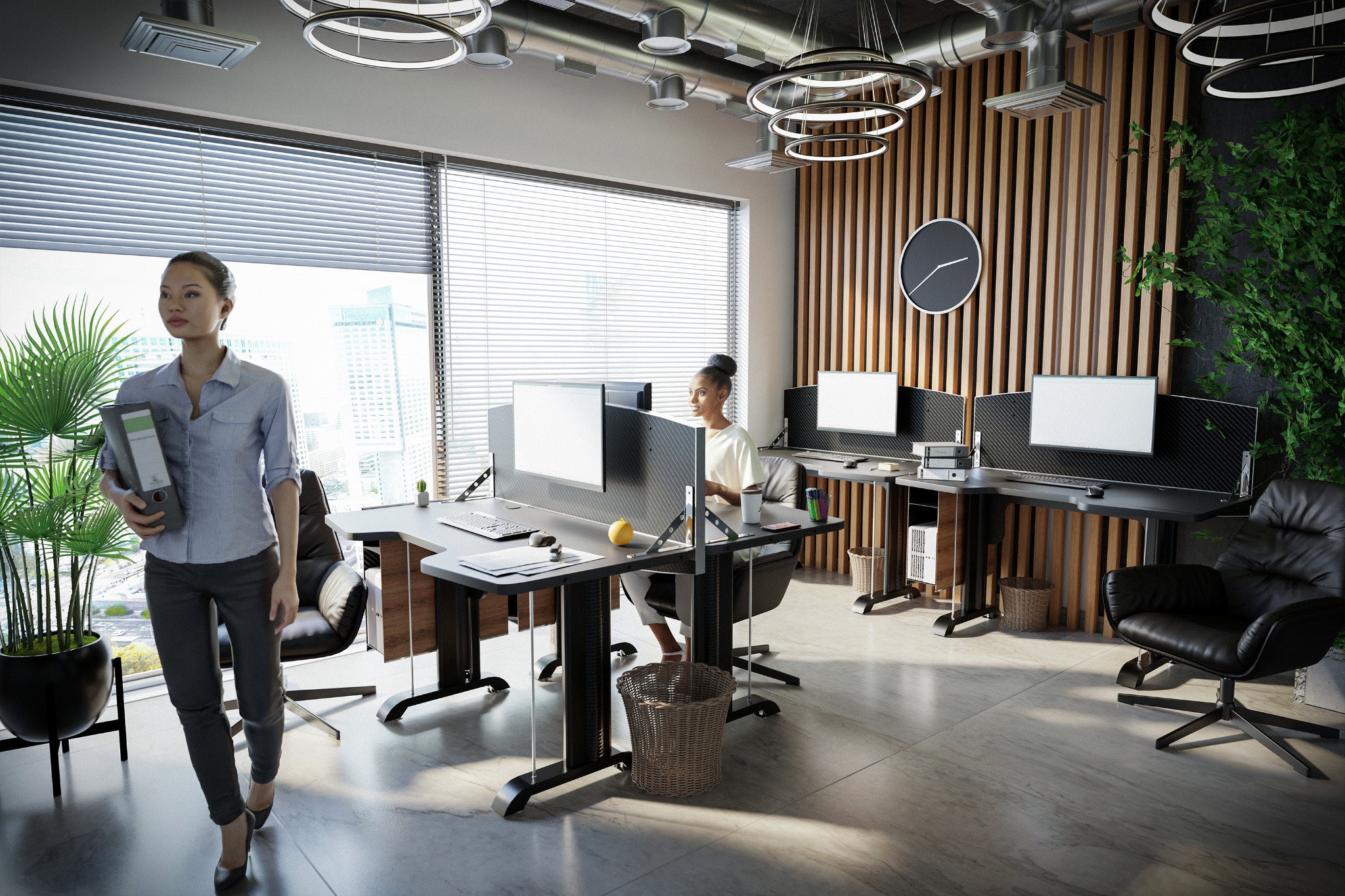 Nowoczesne biuro z pracownikami przy biurkach, widok na miasto przez okno, oświetlenie LED w kształcie pierścieni.