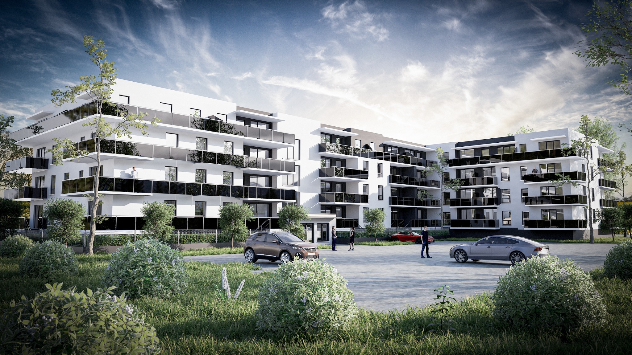 Wizualizacja zewnętrzna nowoczesnego apartamentowca z balkonami, samochodami i postaciami na parkingu, render 3D z uwzględnieniem roślinności.