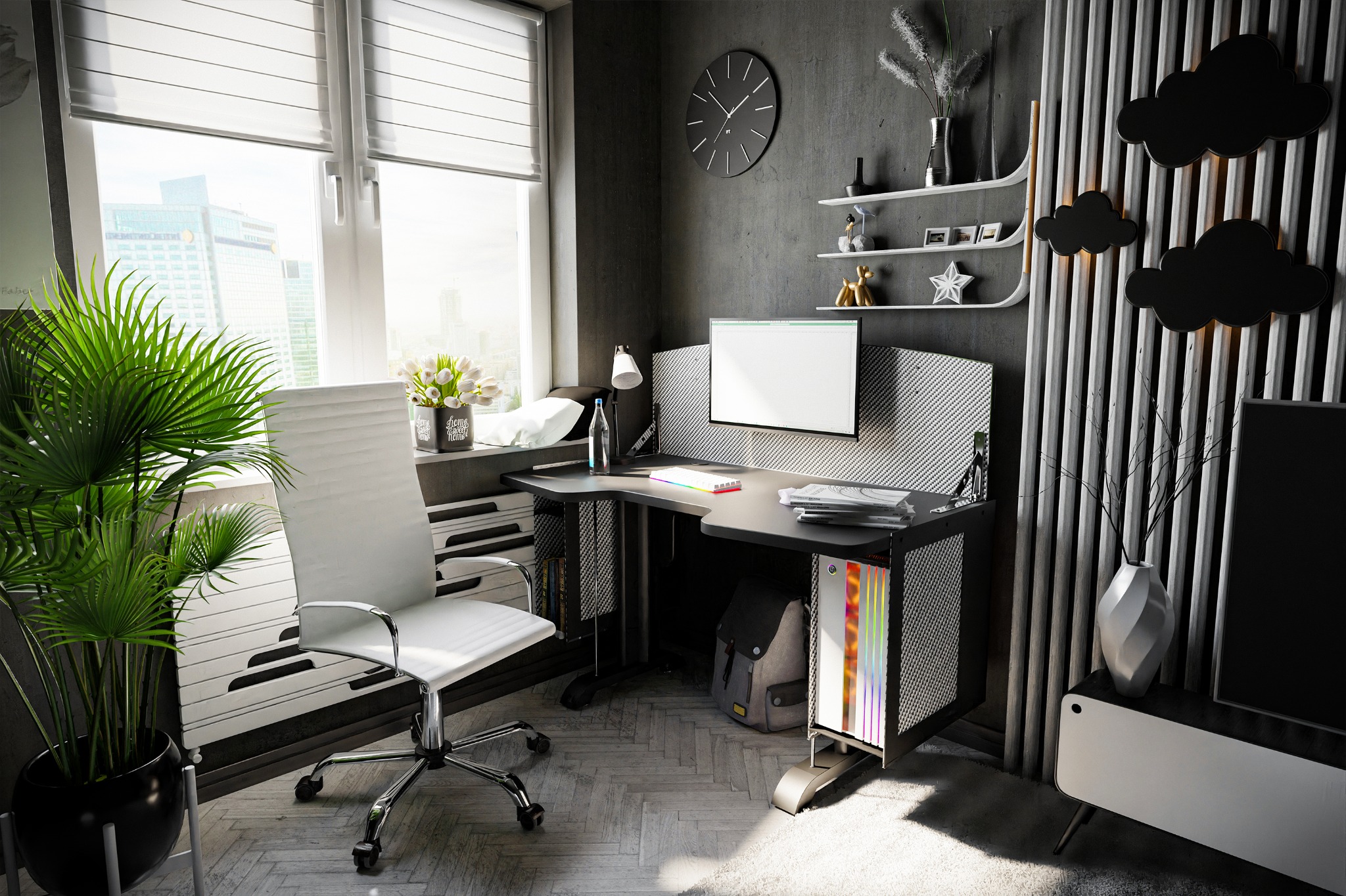 Wizualizacja nowoczesnego biura domowego z czarnym biurkiem, białym krzesłem biurowym i komputerem stacjonarnym z podświetleniem RGB; widok na miasto przez okno z żaluzjami.