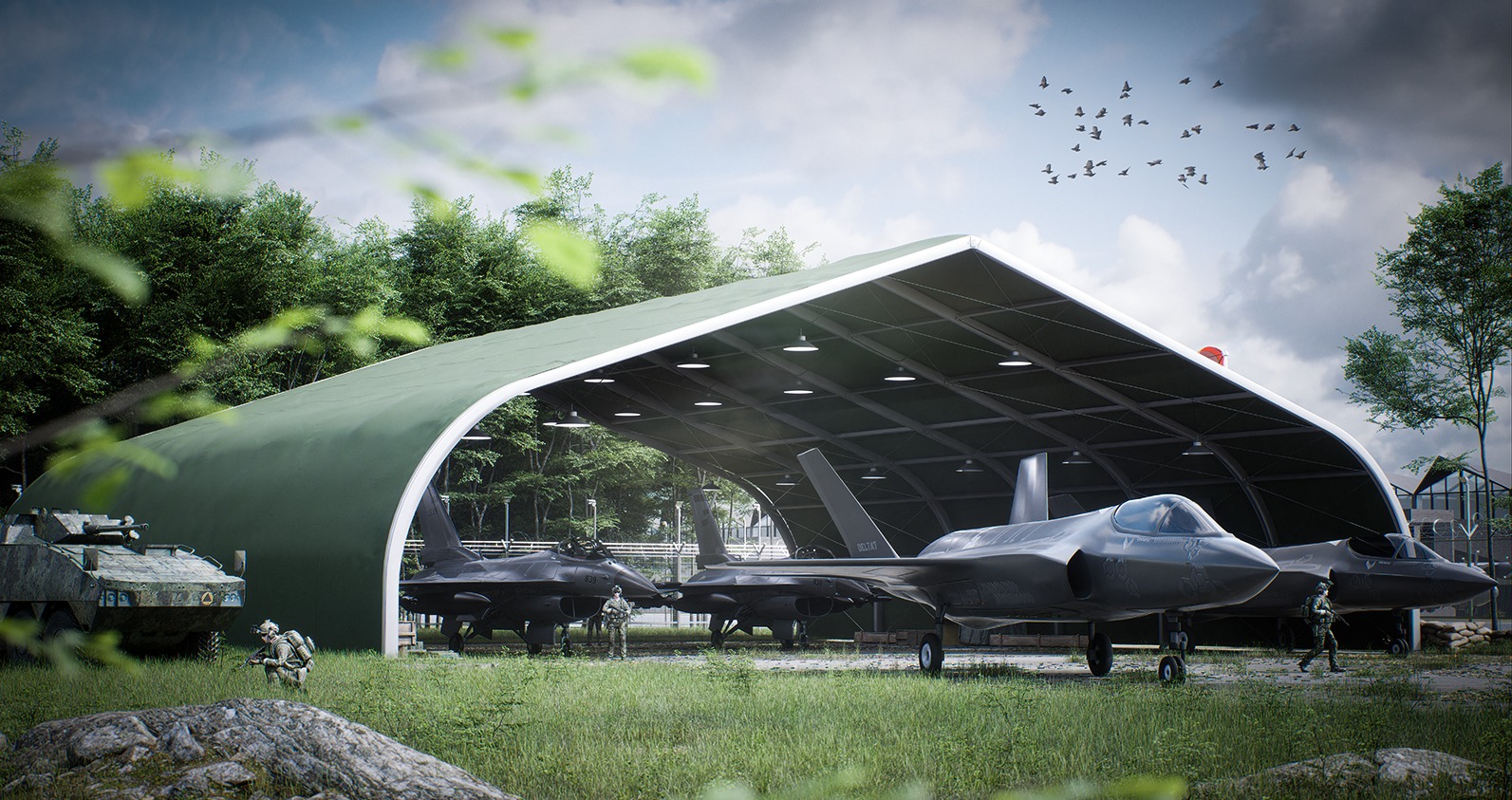 Nowoczesny hangar łukowy w kolorze khaki z oświetleniem wewnętrznym, mieszczący kilka myśliwców wojskowych w kolorze grafitowym, z żołnierzami w kamuflażu i transporterem opancerzonym na zewnątrz...